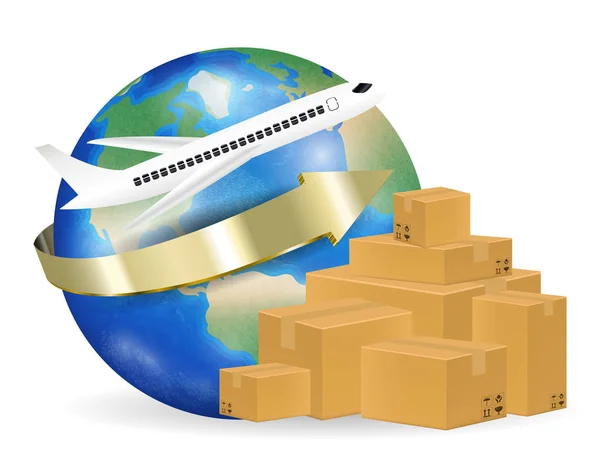 Airplane shipping corrugated carton box around the world — Stock Vector