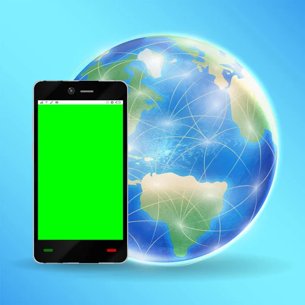 Tela verde do smartphone com globo terrestre — Vetor de Stock