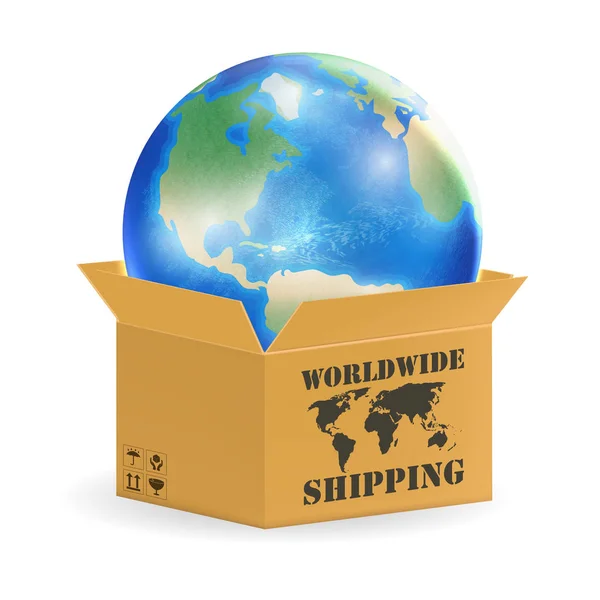 Jorden världen i produktförpackningen global frakt — Stock vektor