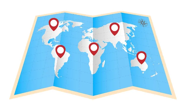 Ícone gps em um papel dobrável mapa do mundo —  Vetores de Stock