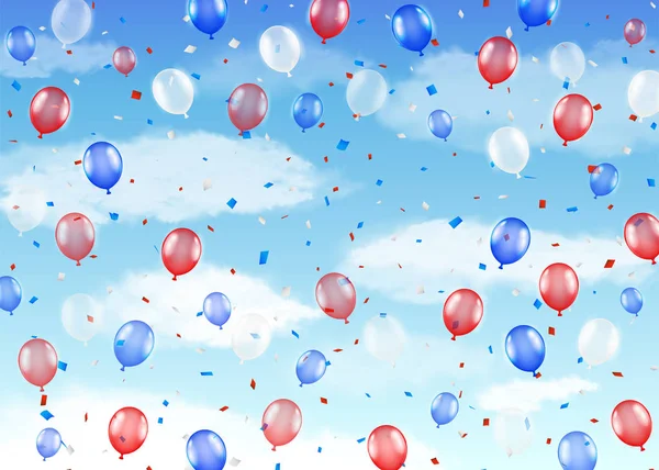 Grupo de globos de helio blanco azul rojo en el cielo — Vector de stock