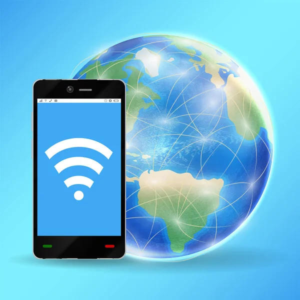 Smartphone connecter wifi avec planète globe terrestre — Image vectorielle