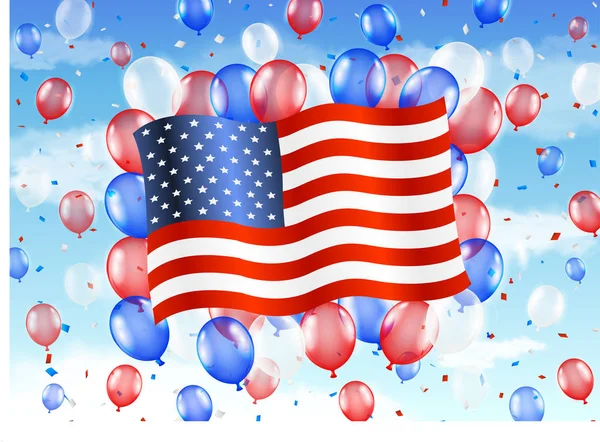 Bandera del estado unido de América con globo en el cielo — Vector de stock