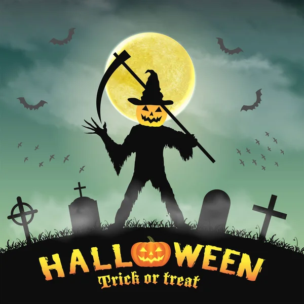 Halloween silueta calabaza asesino en noche cementerio — Vector de stock