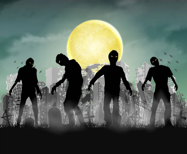 Silhouette zombie con città in rovina edificio — Vettoriale Stock