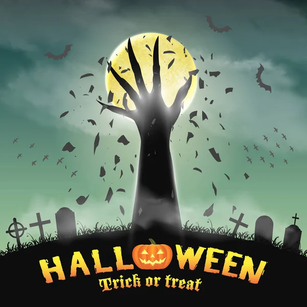 Main monstre halloween se levant du cimetière de nuit — Image vectorielle