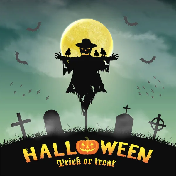 Halloween silhouet scarecrow in nacht kerkhof — Stockvector