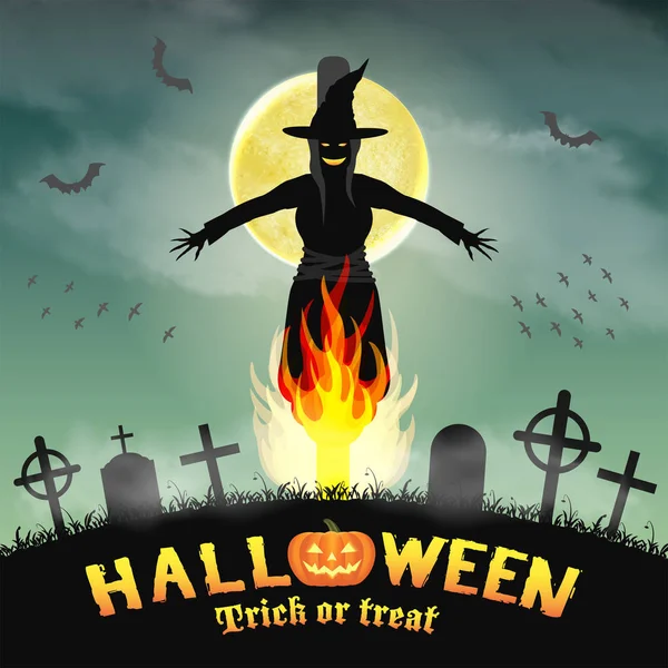 Halloween bruja ardiente en un cementerio nocturno — Archivo Imágenes Vectoriales