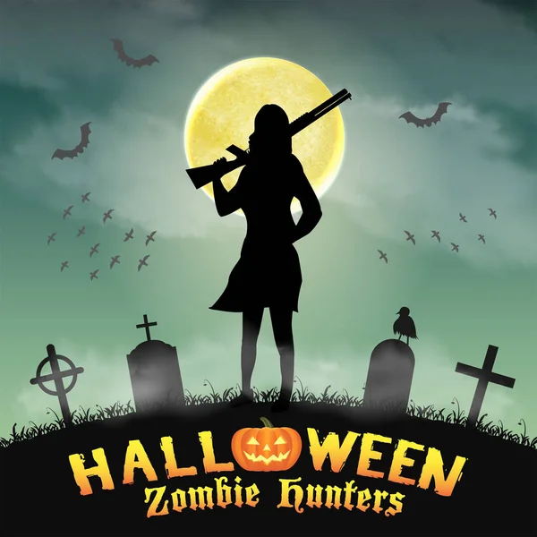 Halloween zombie chasseur avec fusil de chasse dans le cimetière — Image vectorielle