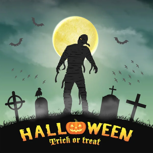Halloween effrayant momie dans un cimetière de nuit — Image vectorielle