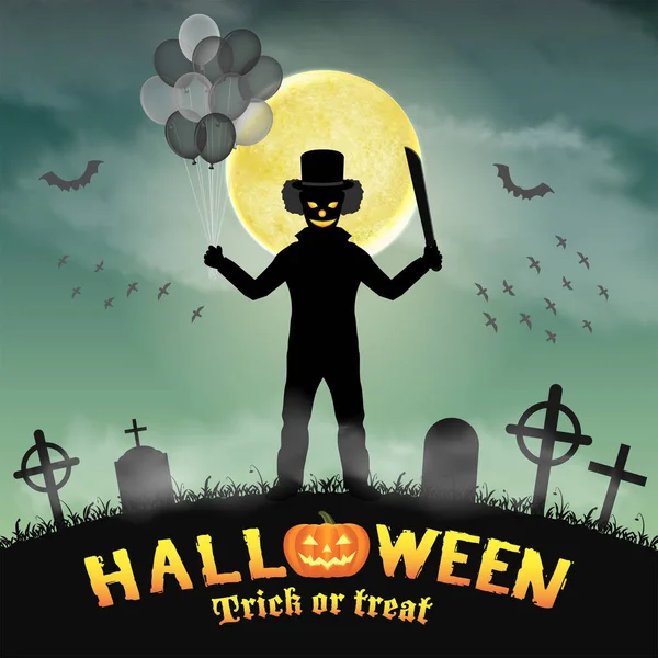 Halloween payaso espeluznante en un cementerio nocturno — Vector de stock