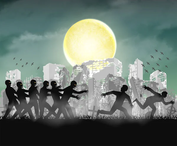 Emberi futó zombi éjszaka tönkrement város — Stock Vector