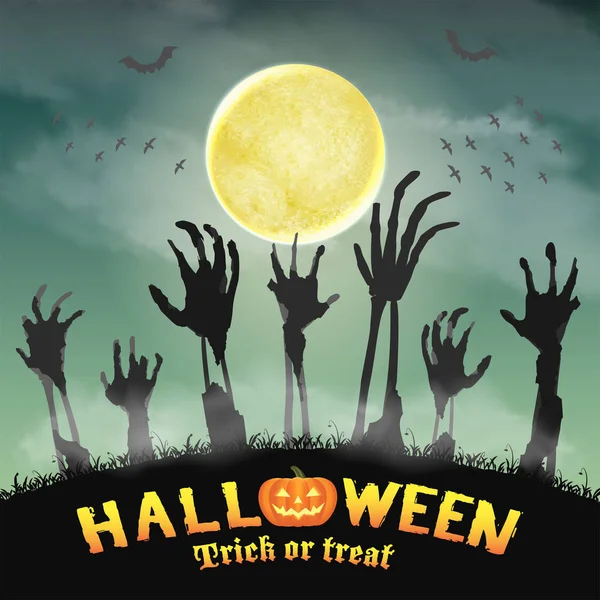 Halloween zombie hand in a night graveyard — Stock Vector