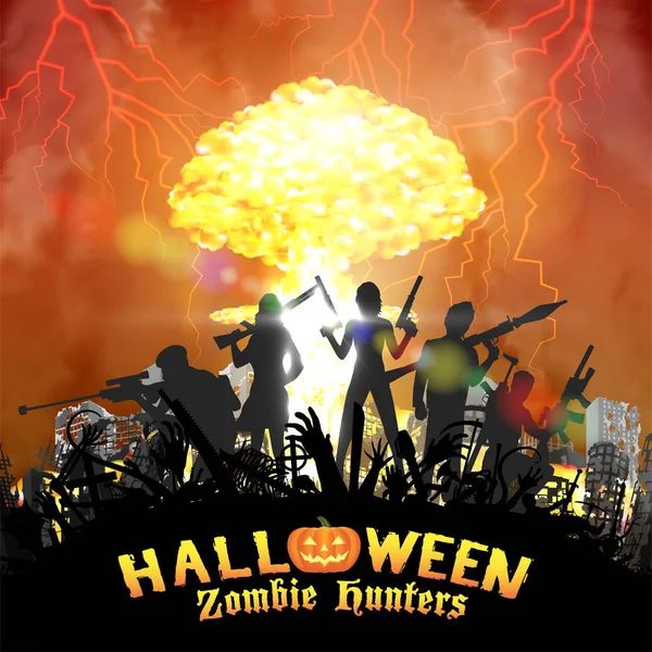 Groupe de chasseurs de zombies avec fond de bombe nucléaire — Image vectorielle