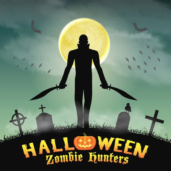 Halloween zombie chasseur avec couteau dans le cimetière — Image vectorielle