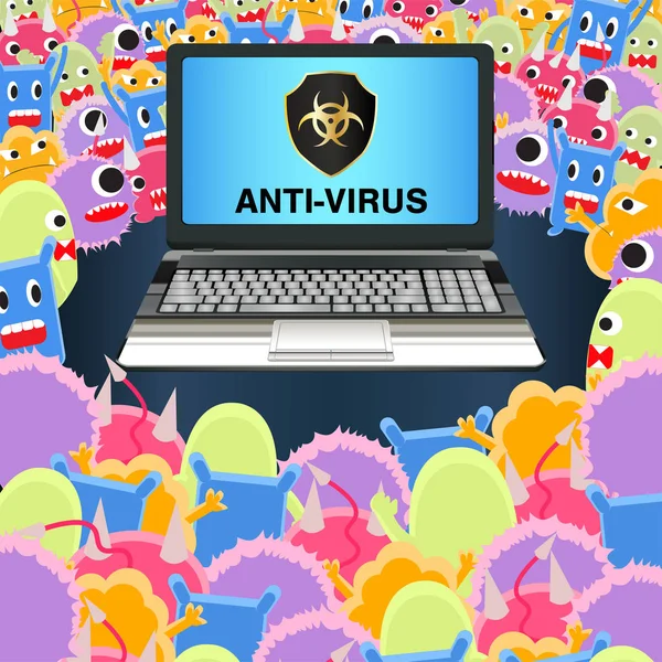 Virus ordenador portátil ataque protegido antivirus — Vector de stock