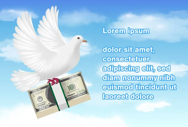 Белый голубь держит в руках банкноты, летящие в небе — стоковый вектор