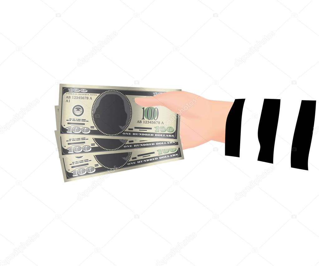 thief hand holding 100 dollar banknotes money 
