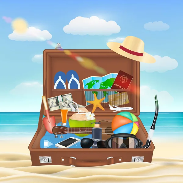 Resväska öppen med beach resor objekt på stranden — Stock vektor