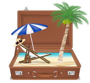 bavul yan deniz ve plaj sahnesinde birlikte aç