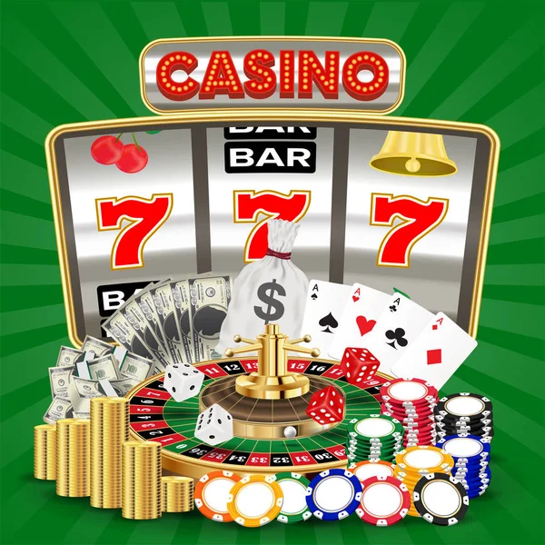 Casino with slot machine card game roulette chips — Stock Photo, Image