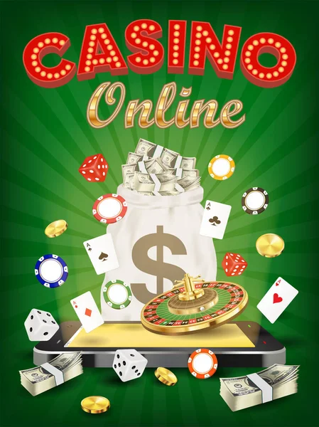 Casino en línea smartphone con ruleta de dados — Vector de stock