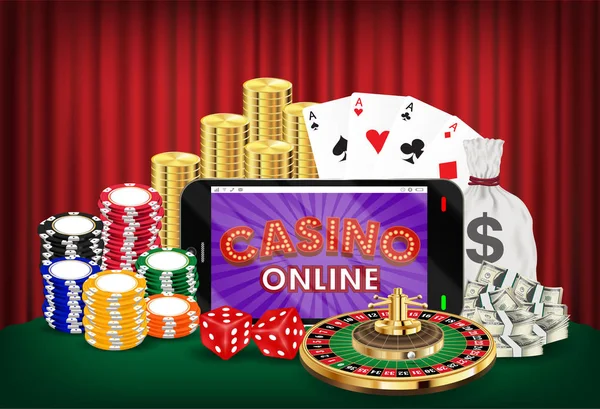 Kasino online smartphone kostky karty Ruletní žetony — Stockový vektor