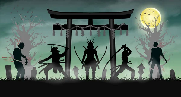 Samurai attacco zombie con porta del tempio in stile giapponese — Vettoriale Stock