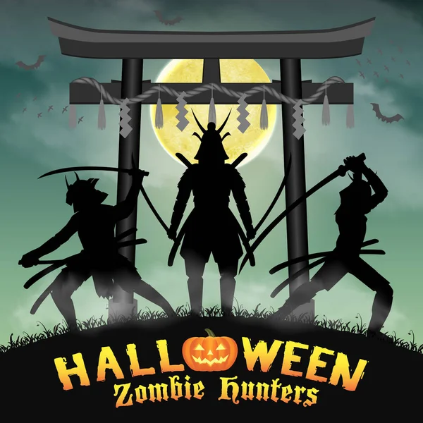 Samouraï zombie chasseur avec japon style temple porte — Image vectorielle