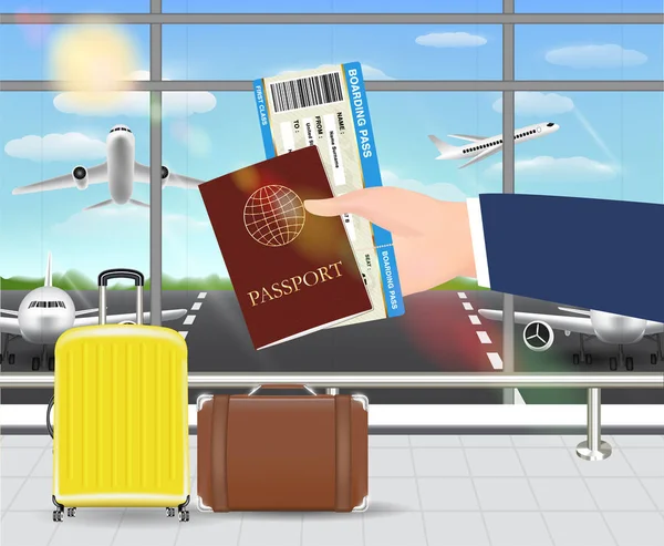 Ruční blokování pas a palubní vstupenku v Letiště — Stockový vektor