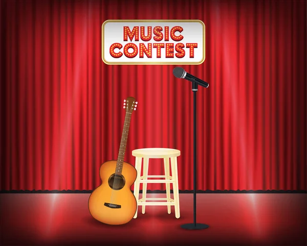 Music contest stage with guitar and microphone — Stock Vector