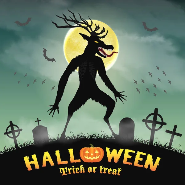 Halloween enge wendigo monster in nacht kerkhof — Stockvector