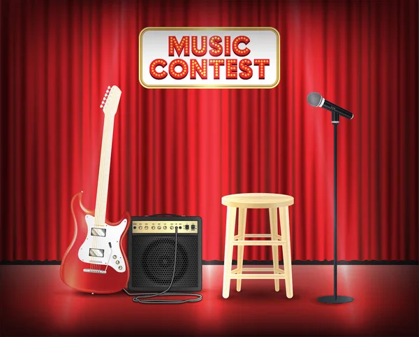 Music contest with microphone guitar on stage — Stock Vector