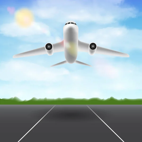 White airplane flying in sky over airport runway — Stock Vector