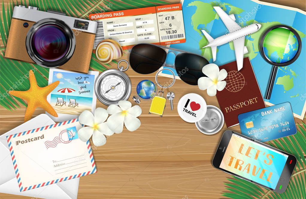 tropical travel object set on wood background