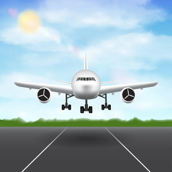 Repülőgép leszállás a repülőtéren futópálya ég háttere — Stock Vector