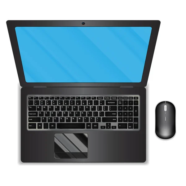 Vista superior del ordenador portátil negro y el ratón — Vector de stock