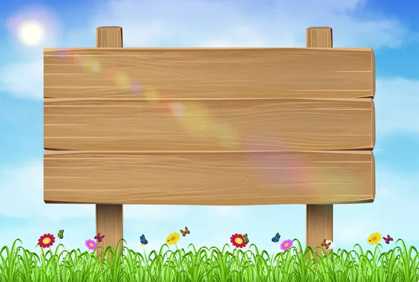 Panneau en bois sur fond d'herbe ciel — Image vectorielle