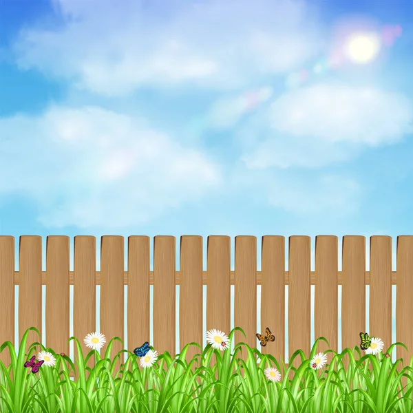 Çimen çiçek ve gökyüzü arka plan ile ahşap çit — Stok Vektör
