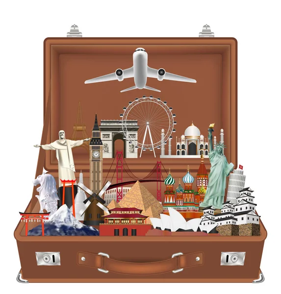Ориентир путешествия в чемодане с вектором самолета — стоковый вектор