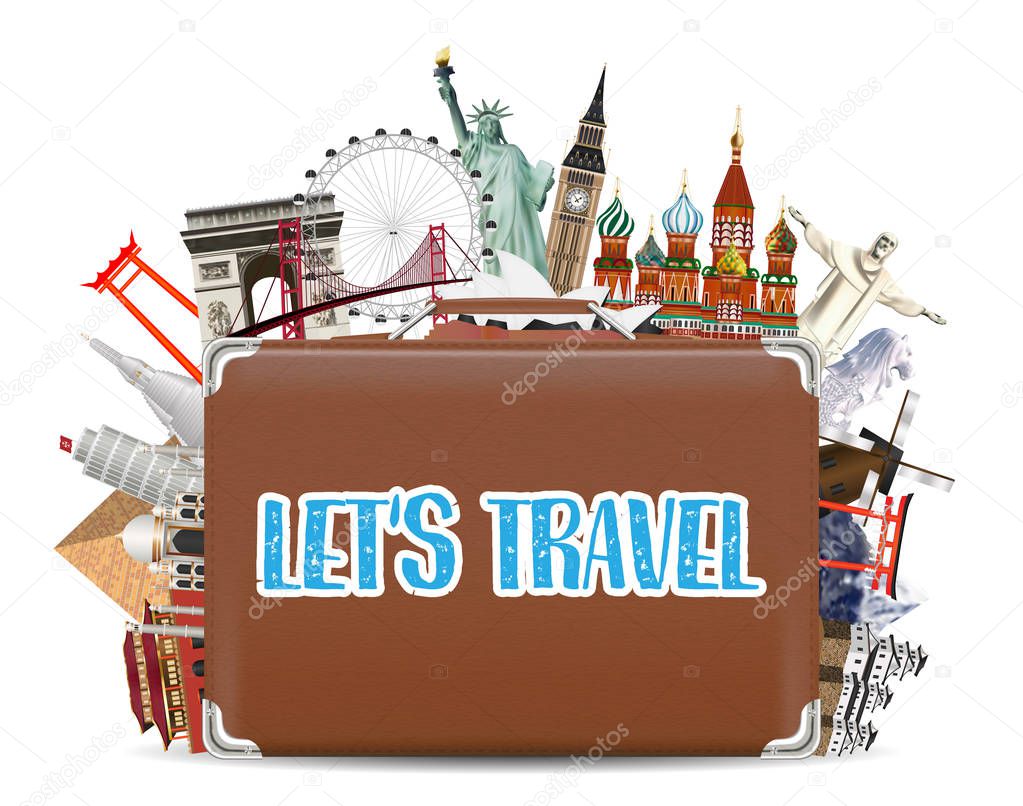 suitcase travel bag with world travel landmark