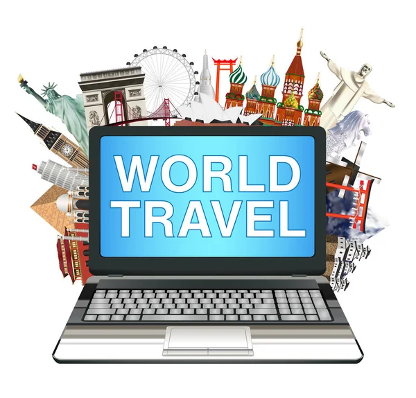 Laptop con mondo di viaggio punto di riferimento su sfondo bianco — Vettoriale Stock