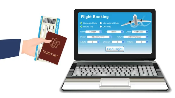 Laptop Online-Flugbuchung mit Reisepass — Stockvektor