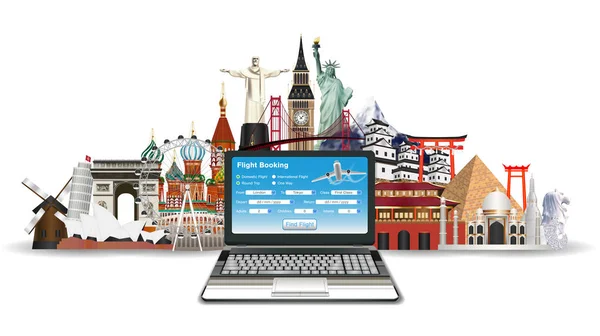 Rezerwacja lotów online laptop z landmark świata — Wektor stockowy
