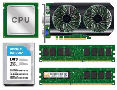 CPU grafik kartı harddisk ram beyaz arka plan üzerinde