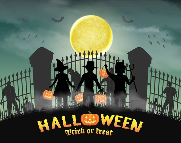 Halloween niños en frente de zombie en la puerta del cementerio — Archivo Imágenes Vectoriales