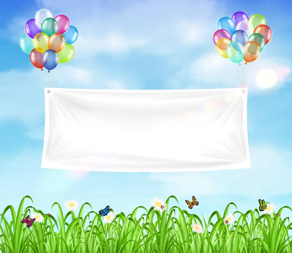 Bandera de vinilo blanco flotando con globo de colores — Vector de stock