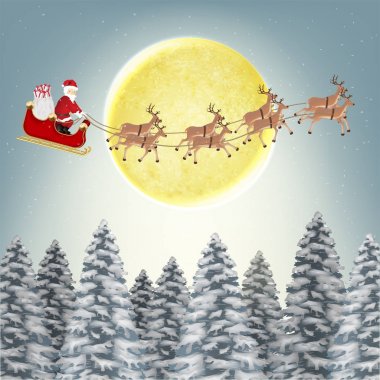 Noel Baba Noel kış orman üzerinde Ren geyiği