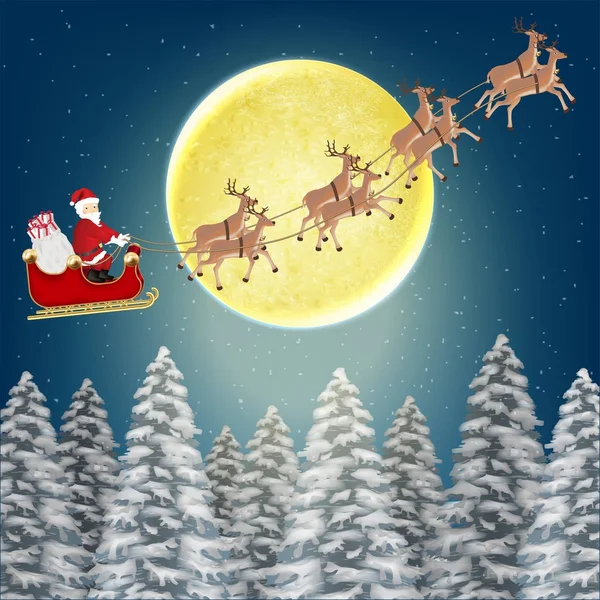 Santa claus with reindeer fly over pile forest — Stock Vector