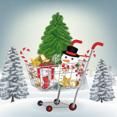 Kış tepe üzerinde Noel dekoratif alışveriş sepeti